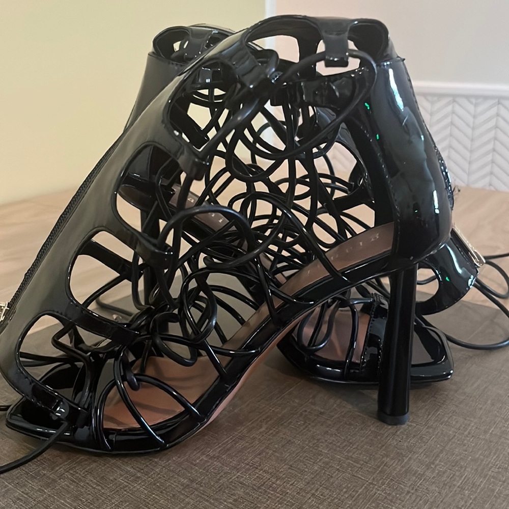 Zipper closure lace up front high heel sandals